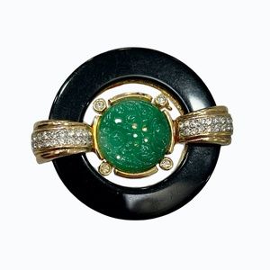 VINTAGE CRAFT SIGNED ART DECO BLACK & CARVED GREEN & CRYSTAL BROOCH